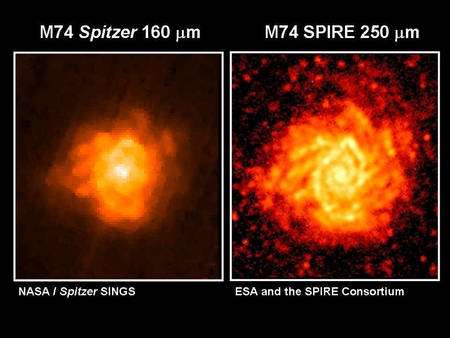 Cliquer pour agrandir. M74 observée à gauche par les instruments de Spitzer et à droite par Spire de Herschel. Crédit : Esa-Nasa