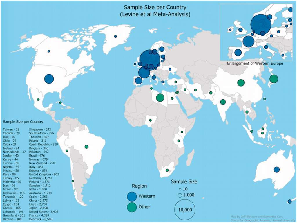 Dans la méta-analyse de 2017, les données sur le nombre de spermatozoïdes dans les autres pays sont beaucoup plus rares que dans les pays occidentaux d'après la figure ci-dessus (nombre d'échantillons de spermatozoïdes par pays sur la période 1973-2011, en bleu : les pays occidentaux, en vert : les autres). © Harvard GenderSci Lab