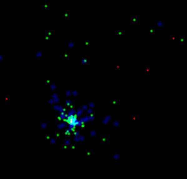 Cette image de GRB 080916C dans le domaine gamma(couvrant un angle de 60 degrés) a été obtenue par le Large Area Telescope de Fermi dans les 100 secondes qui ont suivi son apparition le 16 septembre 2008 à 0 h 12 mn 45 s TU. Les points colorés représentent les rayons gamma de différentes énergies : moins de 100 millions d'eV (points rouges), 100 millions à 1 milliard d'eV (points verts), plus de 1 milliard d'eV (points bleus). La lumière visible transporte une énergie d'environ 2 à 3 électron-volts (eV). Crédit : CNRS-Nasa/DOE/Fermi LAT Collaboration