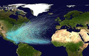  Les trajectoires des ouragans dans l'Atlantique de 1851 à 2019. © Wikimedia Commons, Nasa, NOAA 