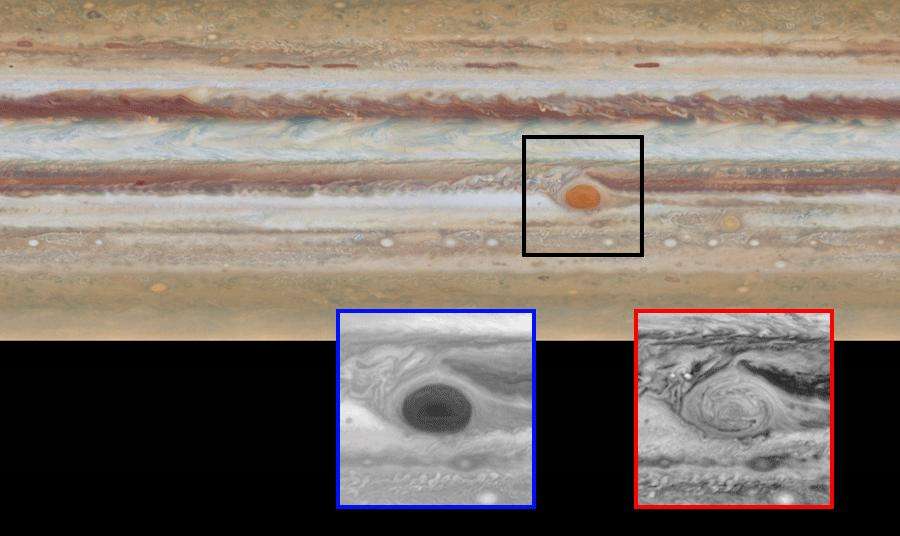 La Grande Tache rouge de Jupiter continue de rétrécir. Sur les images de janvier 2015 prises à 10 heures d’intervalle, les astronomes ont remarqué la présence d’un filament à l’intérieur de cette célèbre tempête. L’encadré à gauche nous la révèle à travers un filtre bleu et celui de droite, dans le rouge. © Nasa, Esa, GSFC, UCBerkeley, JPL-Caltech, STScI