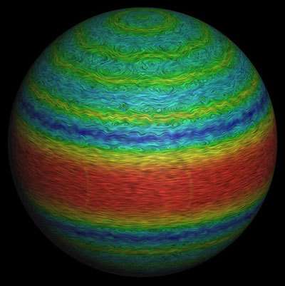 Simulation des vents sur Jupiter Les couleurs sont fonction de la vitesse des vents : En rouge figurent les vents vers l'est, en bleu vers l'ouest. © UCLA