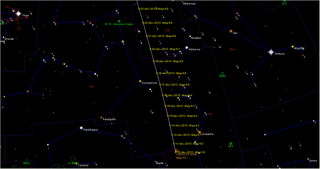 Position de la comète Ison du 10 au 23 décembre. © Futura-Sciences