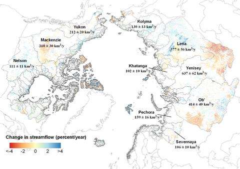 Les tendances de débit fluvial entre 1984 et 2018 montrent des différences régionales significatives. Les zones en bleu indiquent des augmentations de débit allant jusqu’à 4 %, tandis que celles en rouge montrent des diminutions allant jusqu’à 4 %, en Eurasie, par exemple. Seules les rivières présentant des tendances statistiquement significatives sont cartographiées. © Dongmei Feng, et al., Université du Massachusetts