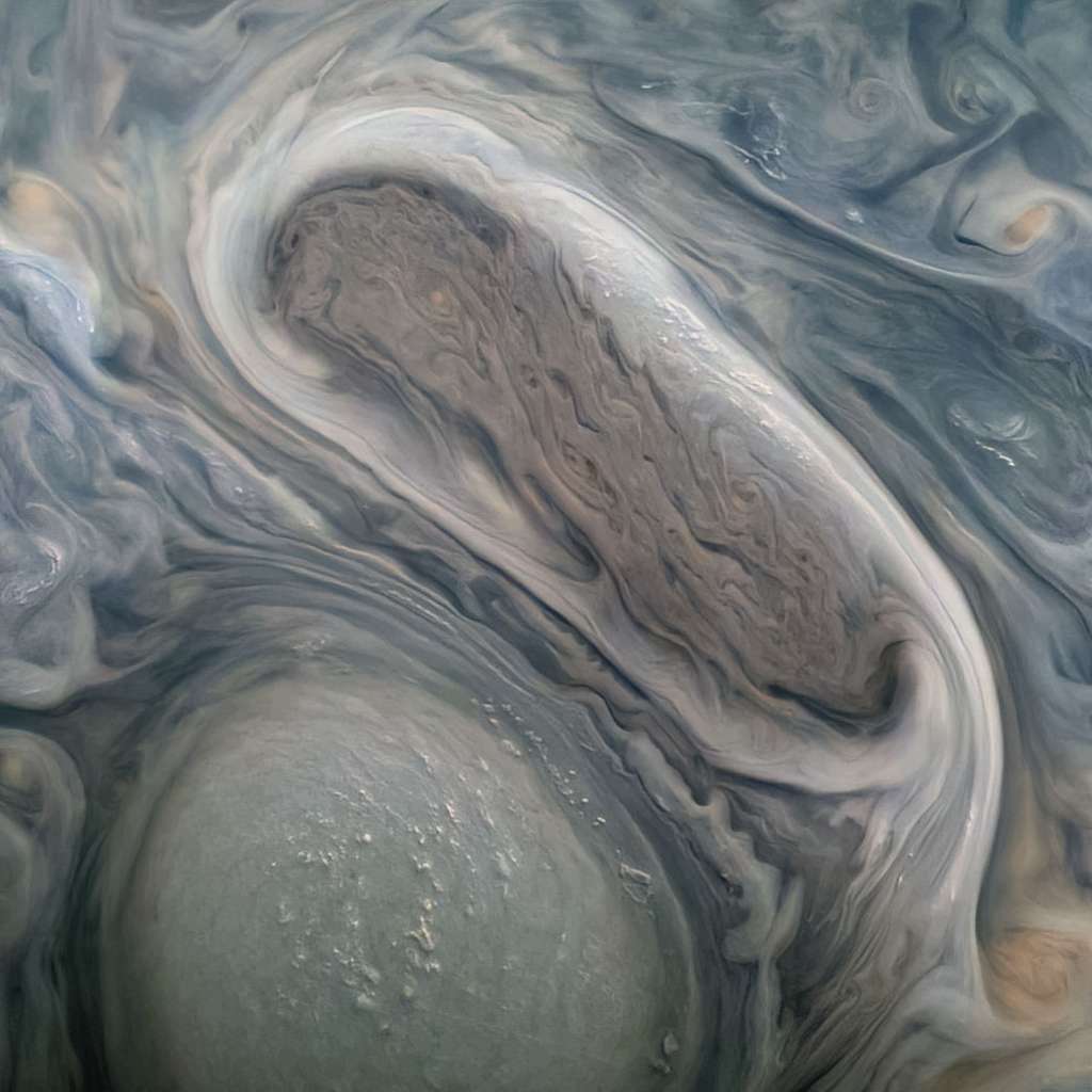 Tempêtes géantes sur Jupiter photographiées à 6.000 km d'altitude par la sonde Juno, le 29 novembre 2021. © Nasa, JPL-Caltech, SwRI, MSSS, Kevin M. Gill CC BY