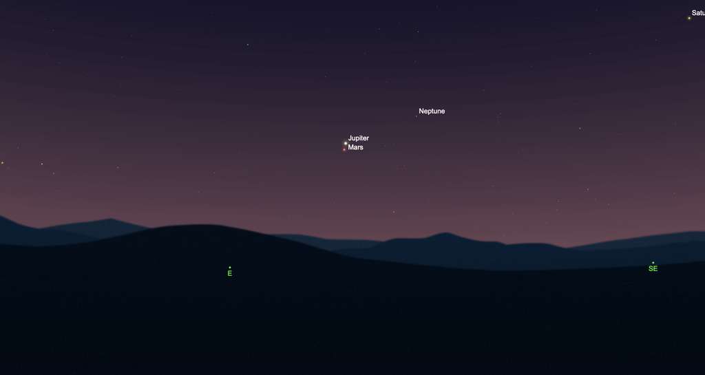 Jupiter et Mars sont encore très serrés le matin du 30 mai. © SkySafari