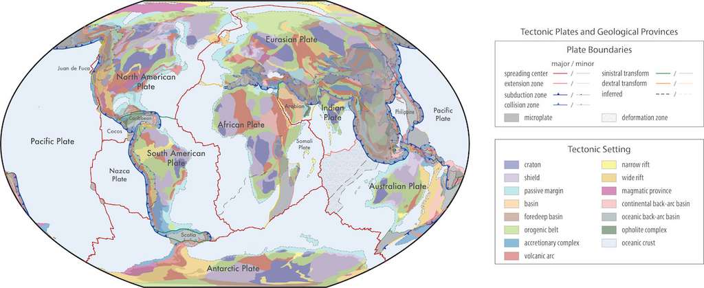 Nouvelle carte des plaques tectoniques et des provinces géologiques. © Hasterok et al,. 2022, Earth Science Reviews