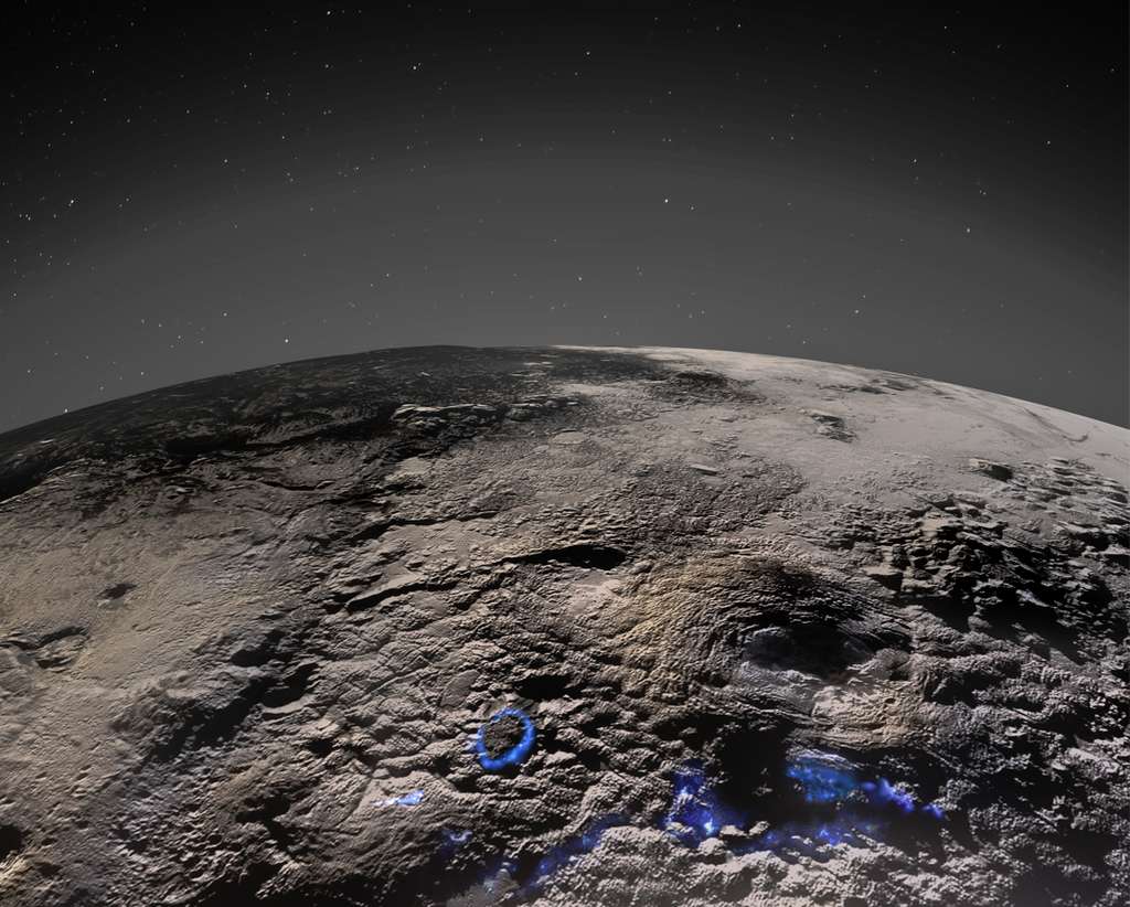 Les scientifiques de la mission New Horizons ont déterminé que l'activité cryovolcanique a très probablement créé des structures uniques sur Pluton qui n'ont encore été vues nulle part ailleurs dans le Système solaire. La quantité de matériau nécessaire pour créer les formations suggère que sa structure intérieure a retenu de la chaleur à un moment donné de son histoire, permettant aux matériaux riches en glace d'eau de s'accumuler et de refaire surface dans la région grâce à des processus cryovolcaniques. Les brumes de surface et atmosphériques de Pluton sont représentées ici en niveaux de gris, avec une interprétation artistique de la façon dont les processus volcaniques passés ont pu fonctionner superposés en bleu. © Nasa, Johns Hopkins University Applied Physics Laboratory, Southwest Research Institute, Isaac Herrera, Kelsi Singer