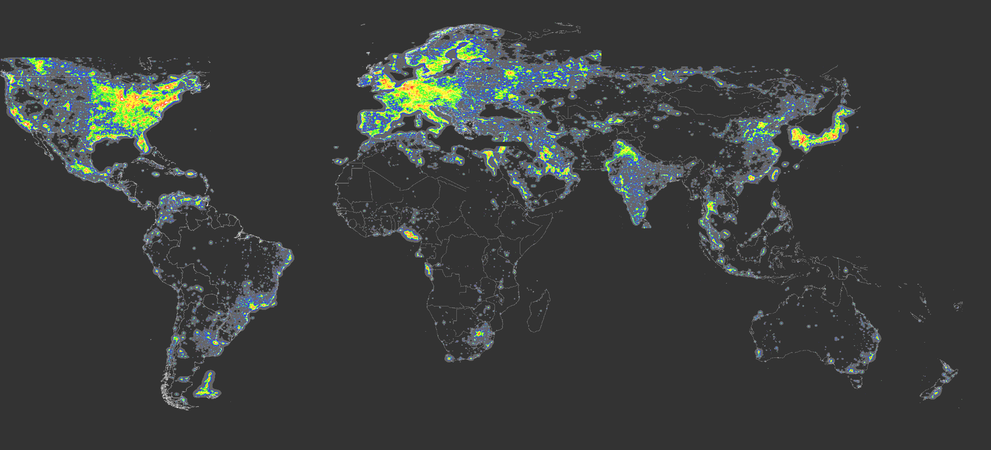 Nouvel atlas mondial de la pollution lumineuse. Ce sont dans les régions les moins peuplées et aussi les moins riches, dont beaucoup sont dans l’hémisphère sud, que l’on trouve les nuits les plus noires de la planète. Les niveaux de pollution lumineuse sont en microcandelas par mètre carré. En noir : inférieur à 1,7 donc ciel noir ; en bleu : entre 1,7 et 14, ce qui se traduit par un horizon dégradé par la clarté ; en vert : entre 14 et 87, soit un ciel dégradé jusqu’au zénith ; en jaune : entre 87 et 688, perte du ciel naturel ; en rouge : entre 688 et 3.000, la Voie lactée n’est plus visible ; en blanc : plus de 3.000, les cônes au fond de l’œil permettant la vision diurne s’activent. © ISTIL