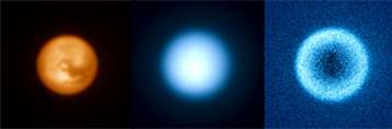 Trois images de Titan, dans le proche infrarouge (à gauche), dans le visible en lumière naturelle (au milieu) et dans le visible en lumière polarisée (à droite), obtenues depuis la Terre par le VLT équipé de l'instrument Sphere. Comparables à ce que l'on peut obtenir depuis l'espace, ces images démontrent l'efficacité de l'optique adaptative qui supprime les effets de la turbulence atmosphérique. © ESO, Consortium Sphere Trois images de Titan, dans le proche infrarouge (à gauche), dans le visible en lumière naturelle (au milieu) et dans le visible en lumière polarisée (à droite), obtenues depuis la Terre par le VLT équipé de l'instrument Sphere. Comparables à ce que l'on peut obtenir depuis l'espace, ces images démontrent l'efficacité de l'optique adaptative qui supprime les effets de la turbulence atmosphérique. © ESO, Consortium Sphere