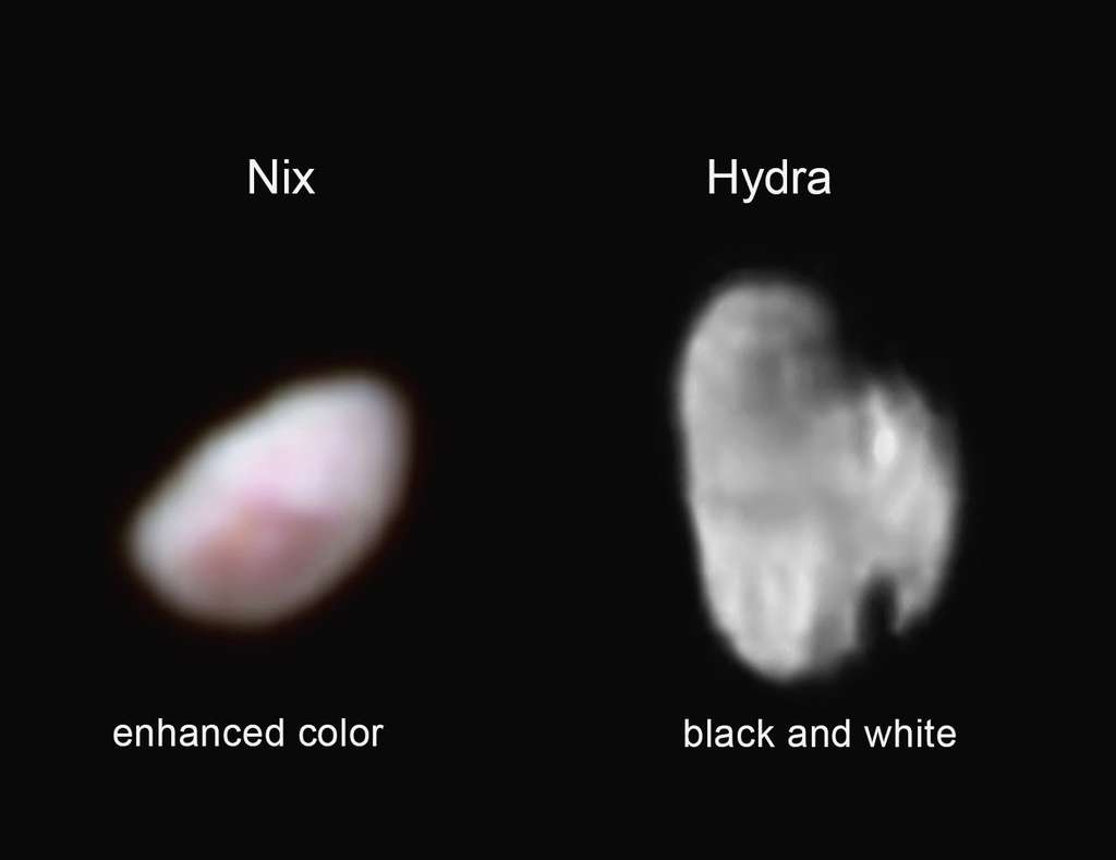 Nix et Hydre, deux des petites lunes de Pluton, observées lors du survol historique de la planète naine par la sonde New Horizons en juillet 2015. © Nasa