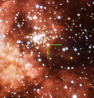 Dans l’amas d’étoiles Westerlund-2, le couple binaire WR 20a. Crédit ESO