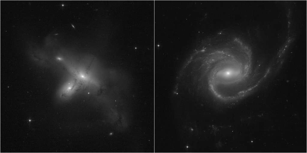 Les premières photos d'Hubble après son « rétablissement »: à gauche, la paire de galaxies ARP-MADORE2115-273 ; et à droite, la galaxie spirale ARP-MADORE0002-503. © Nasa, ESA
