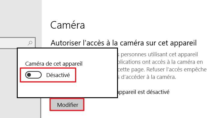 Après avoir cliqué sur « Modifier », le curseur doit être mis en position « Désactivé ». © Microsoft