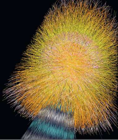 Collision simulée par ordinateur de deux noyaux de plomb dans l’expérience Alice, avec, en bleu gris, les débris des noyaux de plomb et, en jaune, les particules produites lors de la collision. © Dunod 2011