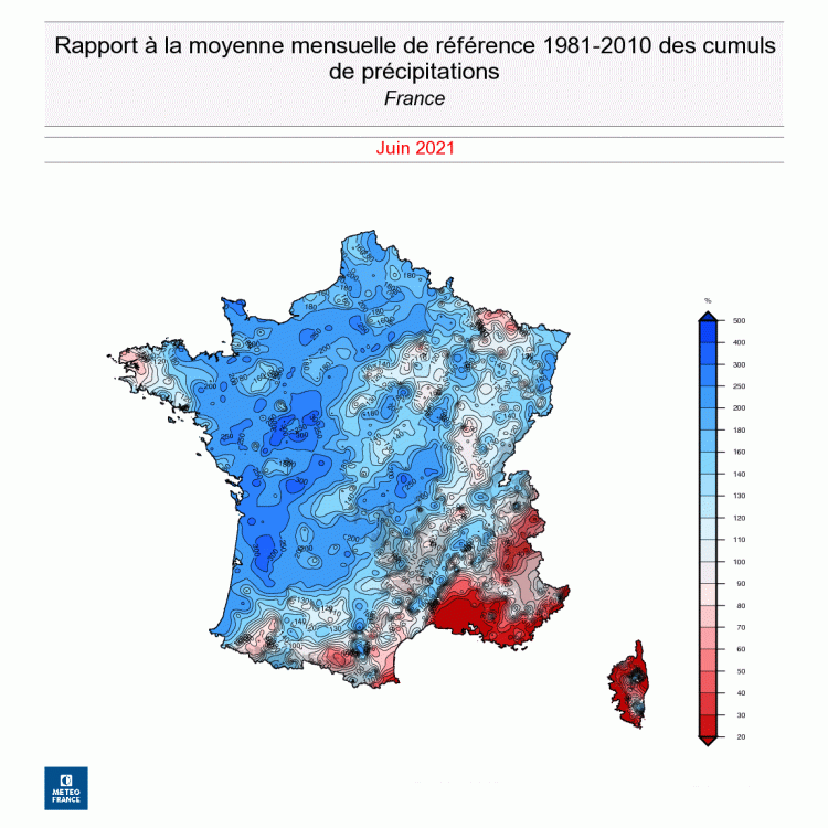 Alors que dans la plupart des régions de France, le cumul des précipitations du mois de juin a été compris entre 75 et 200 millimètres, il a rarement dépassé 30 millimètres sur le pourtour méditerranéen. Et a fini à seulement 0,4 millimètres sur le cap Corse. © Météo France