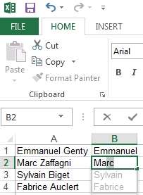 Exemple de possibilité avec l'option Flash Fill d'Excel 2013. © Sylvain Biget, EP Exemple de possibilité avec l'option Flash Fill d'Excel 2013. © Sylvain Biget, EP
