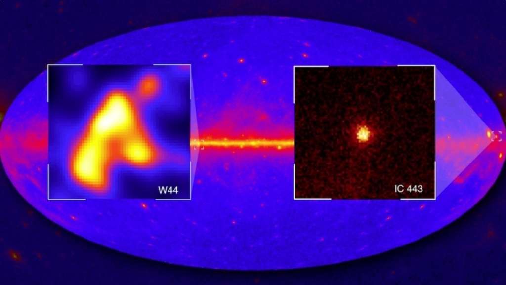 W44 et IC 443 sont des restes de supernova brillant en gamma dans les observations de l'instrument Fermi. Bien des sources similaires existent dans la Voie lactée, de sorte qu'il n'est pas facile de savoir si certaines émissions gamma sont ou non le produit de l'annihilation de particules de matière noire. Pour cette raison, les astrophysiciens se tournent aussi vers l'étude des galaxies naines en gamma. © Nasa, Fermi LAT Collaboration