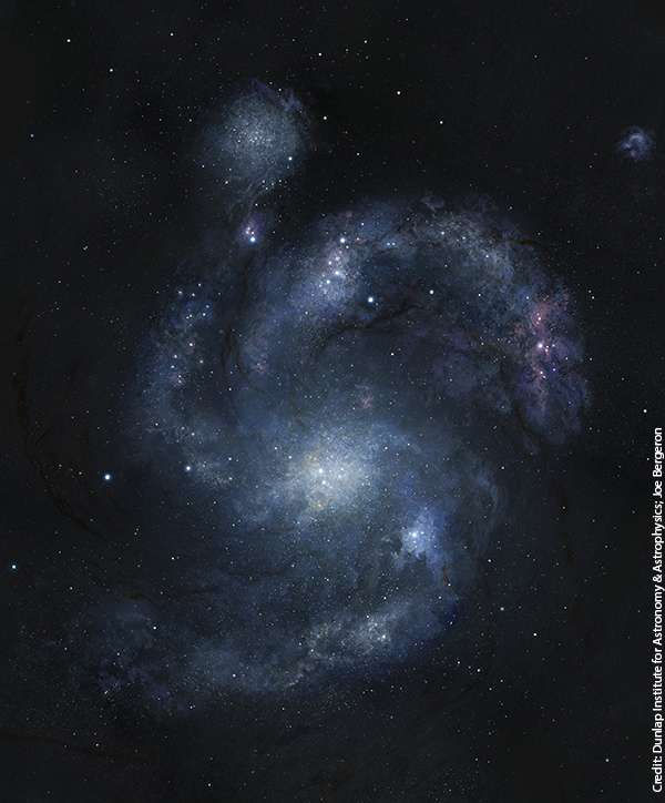 Il n'est pas question ici d'image réelle de la galaxie spirale BX442. En effet, l'image brute, reconstruite à partir des observations d'Hubble et du Keck, est plus grossière. Mais elle a permis à un artiste de reconstituer ce que l'on verrait probablement si l'on était beaucoup plus proche de cet astre. © Joe Bergeron, Dunlap Institute for Astronomy & Astrophysics