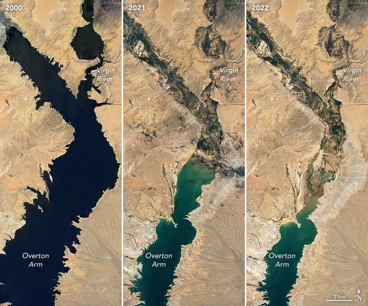 L'évolution du lac Mead entre 2000, 2021 et 2022. © Nasa