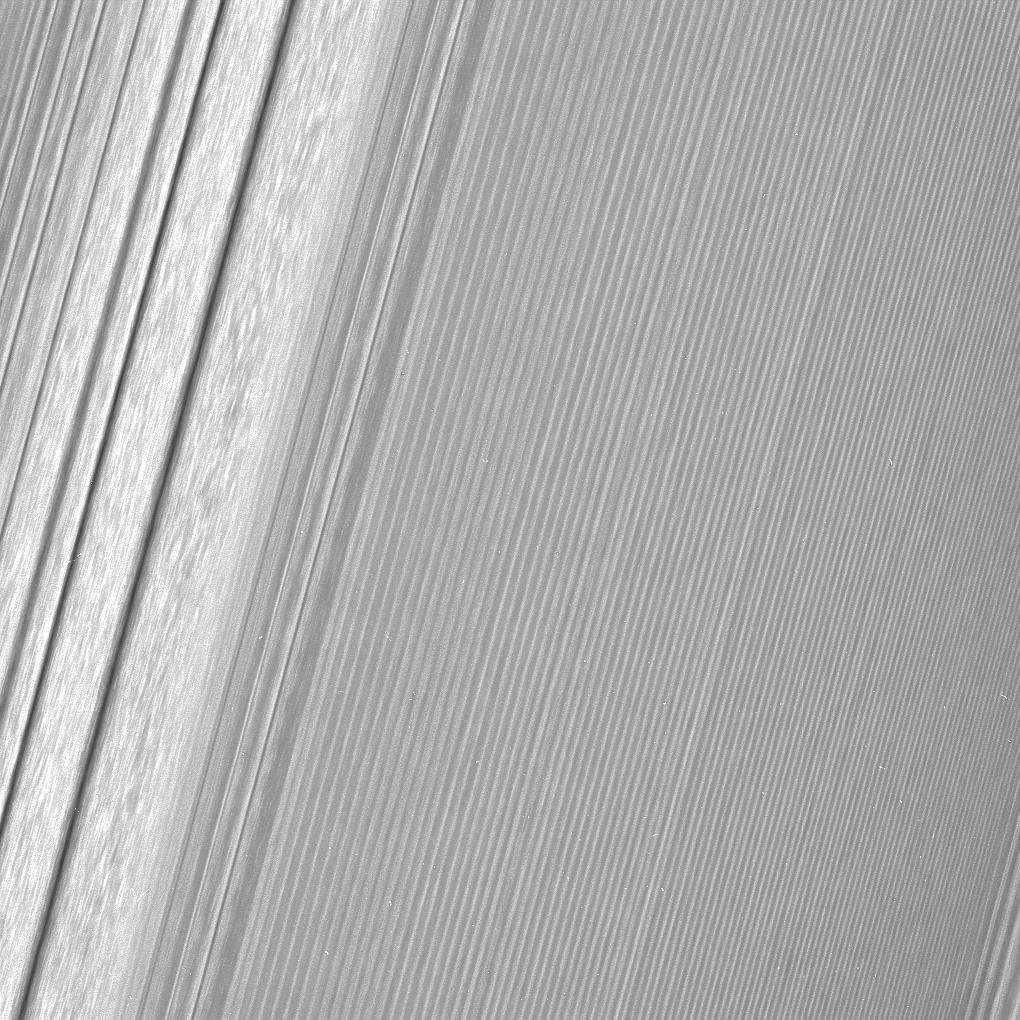 De loin, les anneaux ont l’air bien peignés, composés de sillons réguliers et parallèles. Pourtant, observés de plus près, comme sur cette photo prise par Cassini le 18 décembre 2016, à quelque 134.500 km, ils présentent des irrégularités. La densité de matière est en effet loin d’être uniforme. Ici, les petites lunes Janus et Épiméthée, qui circulent sur la même orbite, font onduler les sillons qu’ils frôlent. © Nasa, JPL-Caltech, Space Science Institute