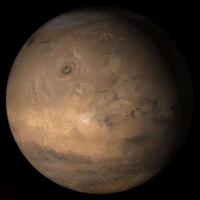 La région de Tharsis sur Mars. Photo prise par la sonde MGS (Mars Global Surveyor) en 2006. © Nasa, JPL, Malin Space Science Systems