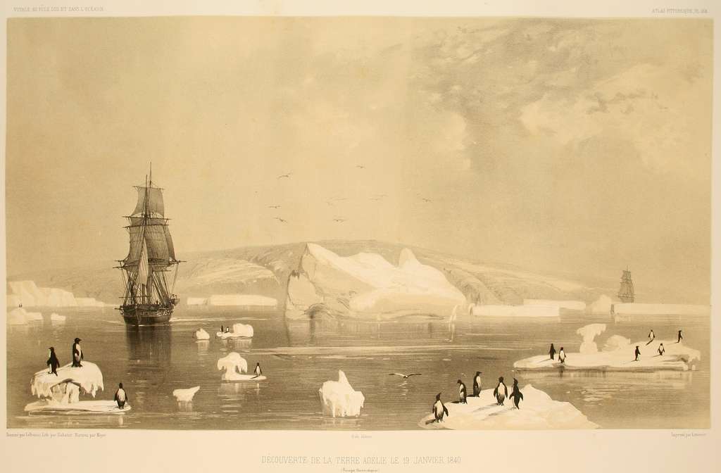 "Découverte de la Terre Adélie le 19 janvier 1840", par Louis Le Breton, dans Voyage au pôle Sud et dans l’Océanie - Atlas pittoresque, planche 168, 1846. Bibliothèque patrimoniale de Gray (Haute-Saône). © The New York Public Library Digital Collections. "Découverte de la Terre Adélie le 19 janvier 1840", par Louis Le Breton, dans Voyage au pôle Sud et dans l’Océanie - Atlas pittoresque, planche 168, 1846. Bibliothèque patrimoniale de Gray (Haute-Saône). © The New York Public Library Digital Collections.