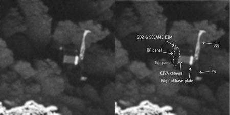 Gros plan sur Philae. La résolution est de 5 cm par pixel. À droite, les instruments du robot sont indiqués. © ESA, Rosetta, MPS for OSIRIS Team MPS, UPD, LAM, IAA, SSO, INTA, UPM, DASP, IDA