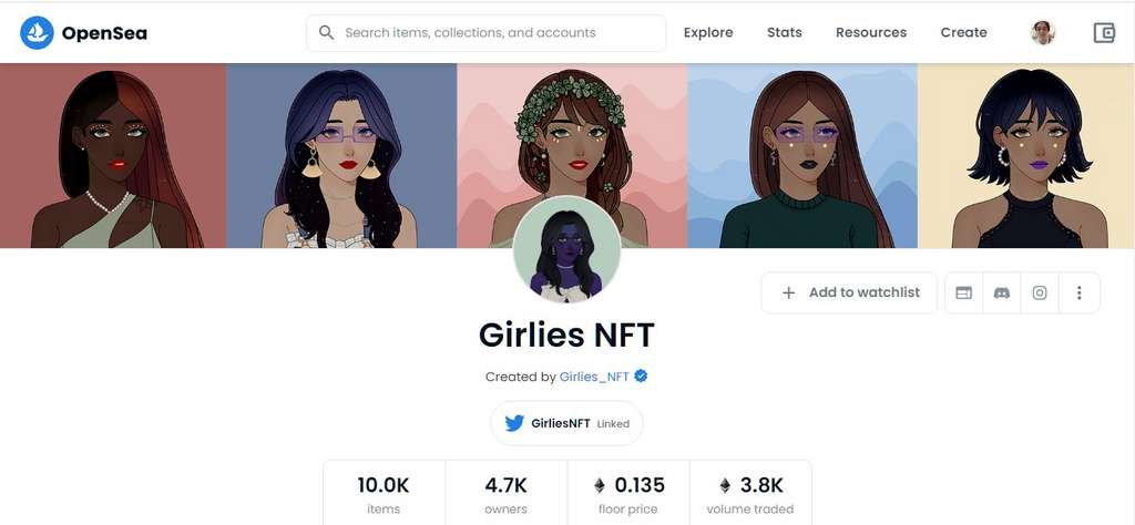 La page qui rassemble les Girlies sur la plateforme de vente de NFT OpenSea. © OpenSea.