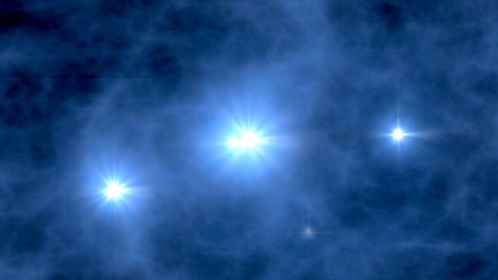 Une vue d'artiste des premières étoiles de l'univers, qui était plus dense et chaud qu'aujourd'hui. Ces astres devaient être particulièrement massifs, avec une centaine de masses solaires, voire des dizaines de milliers selon certains. Leur temps de vie devait donc être inférieur au million d'années. © Nasa, WMap Science Team