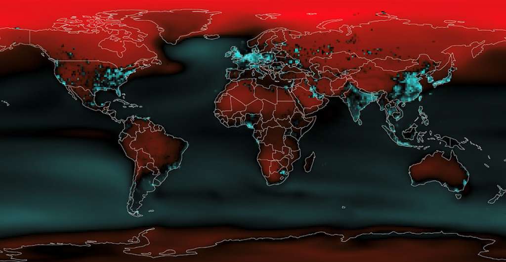 Sur cette carte, en turquoise, les pays qui ont émis relativement plus de gaz à effet (GES) de serre par rapport aux augmentations de température attendues. En rouge, ceux qui ont émis peu de GES par rapport aux hausses de températures prévues. © Van Houtan et al., Aquarium de Monterey Bay