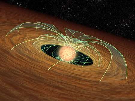 Un disque d'accrétion freinant la course d'une jeune étoile Les champs magnétiques sont représentés par des courbes vertes (Crédits : NASA/JPL-Caltech/R. Hurt (SSC))