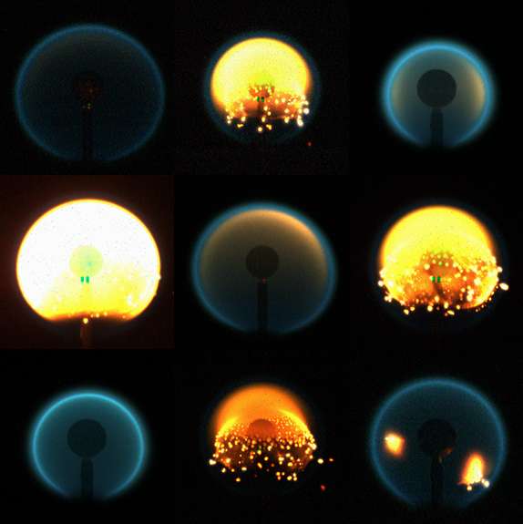 Un composite d'images de flammes provenant de neuf tests différents de l'expérience Flame Design menée en juin et juillet 2019. Le carburant était de l'éthylène (C2H4), qui était parfois dilué avec de l'azote, et qui produit généralement des flammes de suie sur Terre. Ces tests de flamme normaux, dans lesquels le combustible s'écoule du brûleur dans une atmosphère oxydante, ont été effectués à une gamme de concentrations d'oxygène allant jusqu'à 40 % en volume. © Nasa