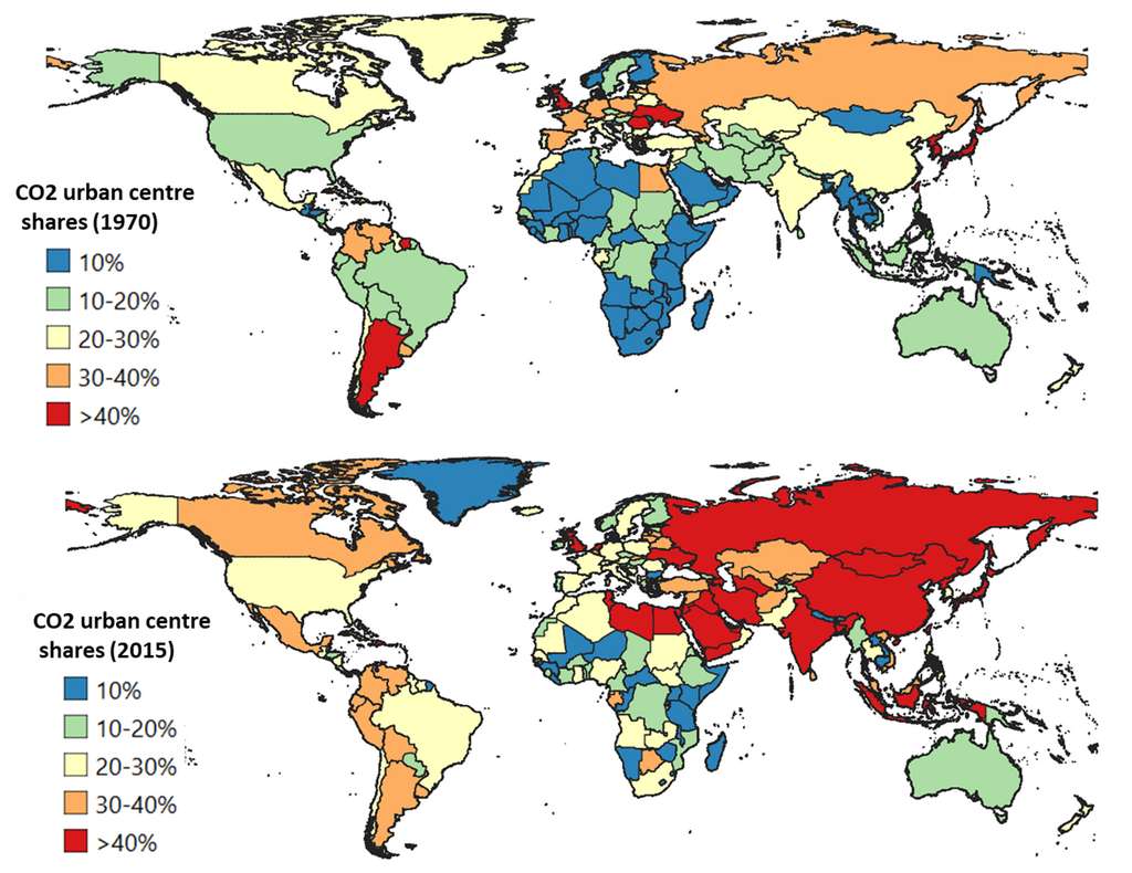 Ici, l’évolution des émissions de CO2 des centres urbains dans le monde entre 1970 et 2015. © Crippa et al., Environmental Research Letters