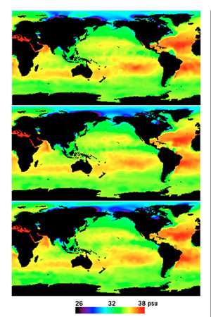 Cartes de simulation de la salinité en surface de l'océan Atlantique. - Photo © ESA
