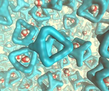 Les chercheurs de la Queen’s University ont mis au point un liquide poreux, parsemé de cages moléculaires. Nombreuses, elles empêchent le solvant d'occuper tout l'espace et sont capables de capturer des molécules gazeuses (ici en rouge). © Queen’s University