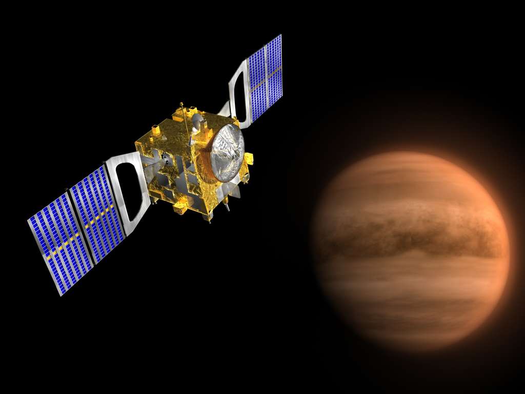 Représentation de la sonde Venus Express devant Vénus. © ESA