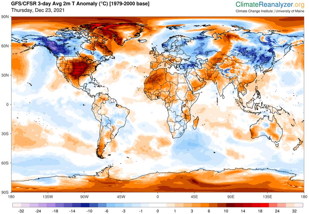 En haut, en rouge, les anomalies de température pour l'Arctique prévues le 25 décembre, avec 20 à 30 °C de plus que les moyennes de saison. © Climate Reanalyzer