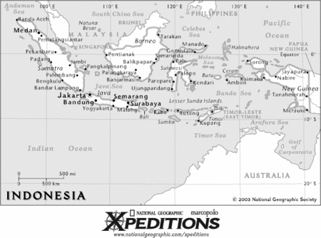 Les coelacanthes indonésiens ont été découverts au large de Manado dans la Mer des Célebes au dessus de Sulawesi (centre de la carte).