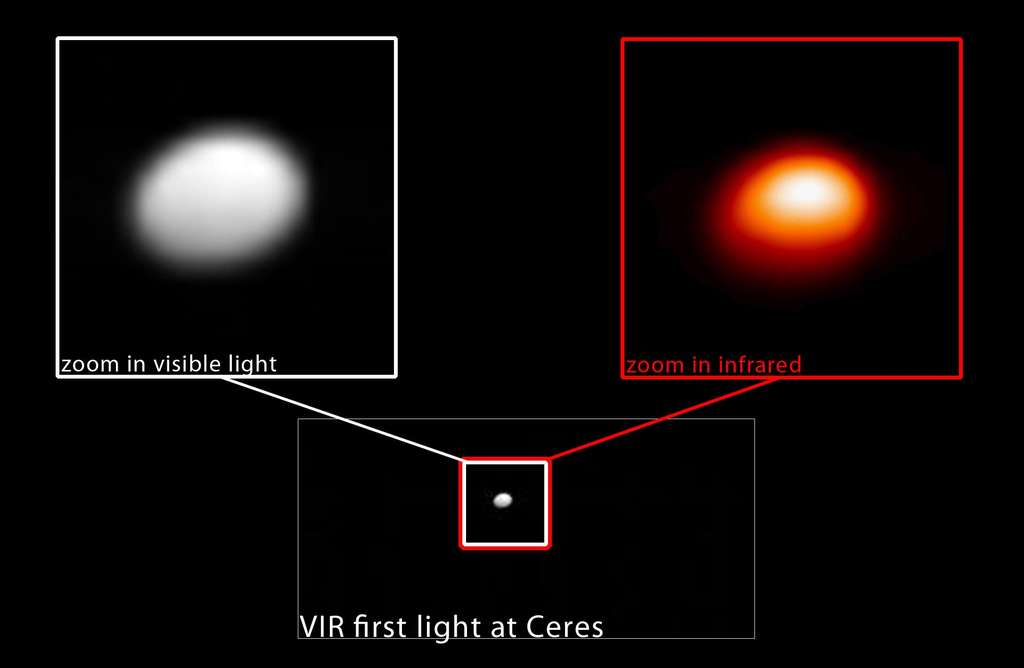 Première lumière pour Vir (Visible and Infrared mapping spectrometer), instrument placé à bord de la sonde Dawn et chargé de cartographier les températures. Sur cette image de Cérès prise le 13 janvier 2015, les régions les plus claires sont les plus chaudes à sa surface. © Nasa, JPL-Caltech, Ucla, ASI, INAF