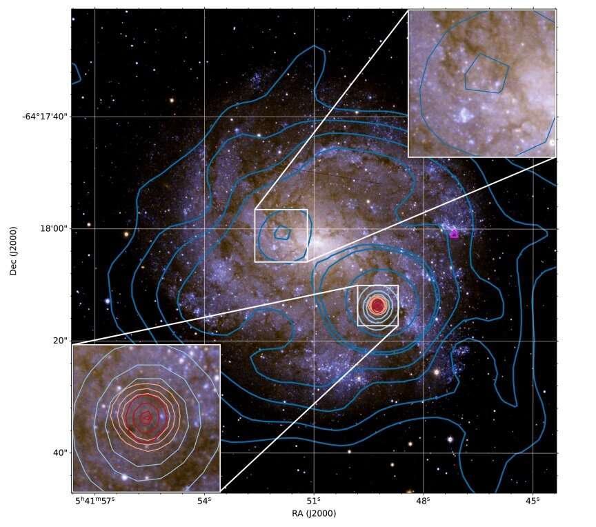 Ici, l'image prise par le télescope spatial Hubble en 1997, à laquelle sont superposés des contours établis par l'Australian Square Kilometre Array Pathfinder et l'Australian Telescope Compact Array. L'image en bas à gauche montre un zoom avant sur la source radio, qui se trouve à seulement 20 secondes d'arc du centre de la galaxie NGC 2082. © Balzan et al., 2022