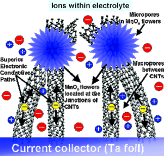 Schéma du montage nanométrique. Sur la feuille de tantale (Ta foil) sont plantés les nanotubes de carbone, qui fléchissent et viennent se coller les uns aux autres. Les agrégats d'oxyde de manganèse (MnO flowers) se fixent sur les zones de contact entre nanotubes, qui ménagent entre eux des espaces vides (macropores) où s'accumulent les ions de l'électrolyte (marques bleues et rouges). Entre les fleurs de MnO et le tantale, les nanotubes forment des conducteurs (Superior Electronic Conductives Paths) pour les électrons (marques jaunes). © 2008 American Chemical Society