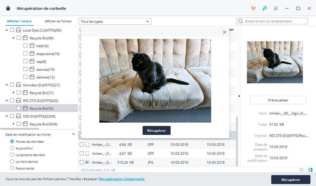 L'interface très claire de Recoverit permet de facilement retrouver ses photos les plus importantes. © Futura
