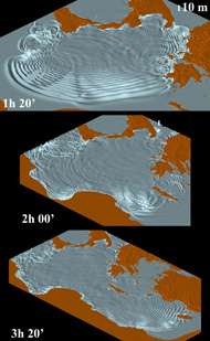 Simulée par l'équipe italienne, l'éruption de l'Etna aurait généré, par glissements de terrain interposés, d'énormes vagues à même de dévaster les côtes de tout le bassin oriental de la Méditerranée. Crédit : Maria Pareschi et al., Geophysical Research Letters (2006) Simulée par l'équipe italienne, l'éruption de l'Etna aurait généré, par glissements de terrain interposés, d'énormes vagues à même de dévaster les côtes de tout le bassin oriental de la Méditerranée. Crédit : Maria Pareschi et al., Geophysical Research Letters (2006)