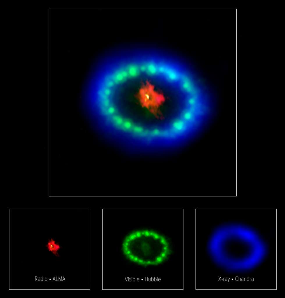 Cette image colorée et multilongueurs d'onde des restes complexes de SN 1987A est produite avec les données de trois observatoires différents. Les couleurs, artificielles, ont la même interprétation que dans la légende de l'image précédente. © Alma (ESO, NAOJ, NRAO), P. Cigan et R. Indebetouw ; NRAO, AUI, NSF, B. Saxton ; Nasa, ESA