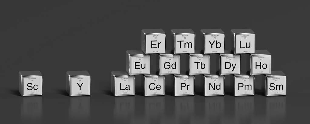 Les terres rares sont un groupe de métaux finalement assez répandus dans la croûte terrestre. Pour la fabrication des aimants permanents d’éoliennes, c’est surtout le néodyme (Nd) et le dysprosium (Dy) qui sont utilisés. © Fox-Dsign, Adobe Stock