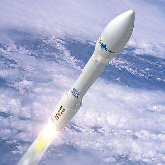 Vue d'artiste de la fusée Vega s'élevant dans l'atmosphère (Crédits : ESA - J. Huart)