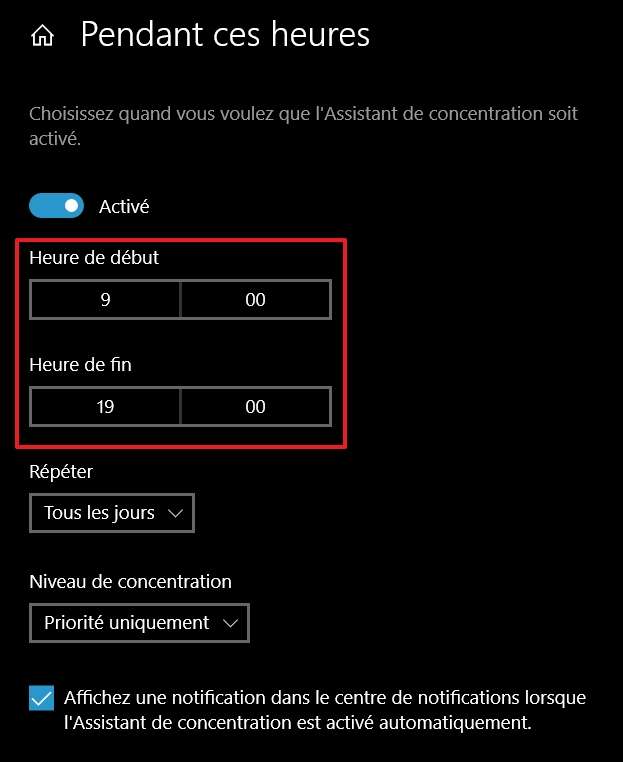 Définissez la plage horaire pendant laquelle l’assistant fonctionnera. © Microsoft