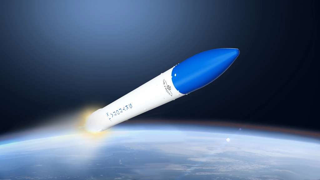 Vue d'artiste de la fusée écossaise Skyrora-XL, qui décollera de SaxaVord dans quelques années. Elle pourra emporter jusqu'à 315 kilos en orbite basse. © Skyrora