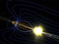 Vue d'artiste d'un sous-orage magnétique, une explosion d'énergie (en jaune), expédiant vers la Terre (point blanc à gauche) des particules chargées se concentrant au niveau des pôles magnétiques (zones bleues) où elles provoqueront des aurores. Nasa/Goddard Space Flight Center Conceptual Image Lab Vue d'artiste d'un sous-orage magnétique, une explosion d'énergie (en jaune), expédiant vers la Terre (point blanc à gauche) des particules chargées se concentrant au niveau des pôles magnétiques (zones bleues) où elles provoqueront des aurores. Nasa/Goddard Space Flight Center Conceptual Image Lab